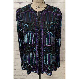 Brilliante by J.A. Jacket top Med‎ Black Purple Green Silk Sequin Beaded Coctail